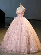 Sweet Strapless Tulle Flower Pink Print Prom Dress