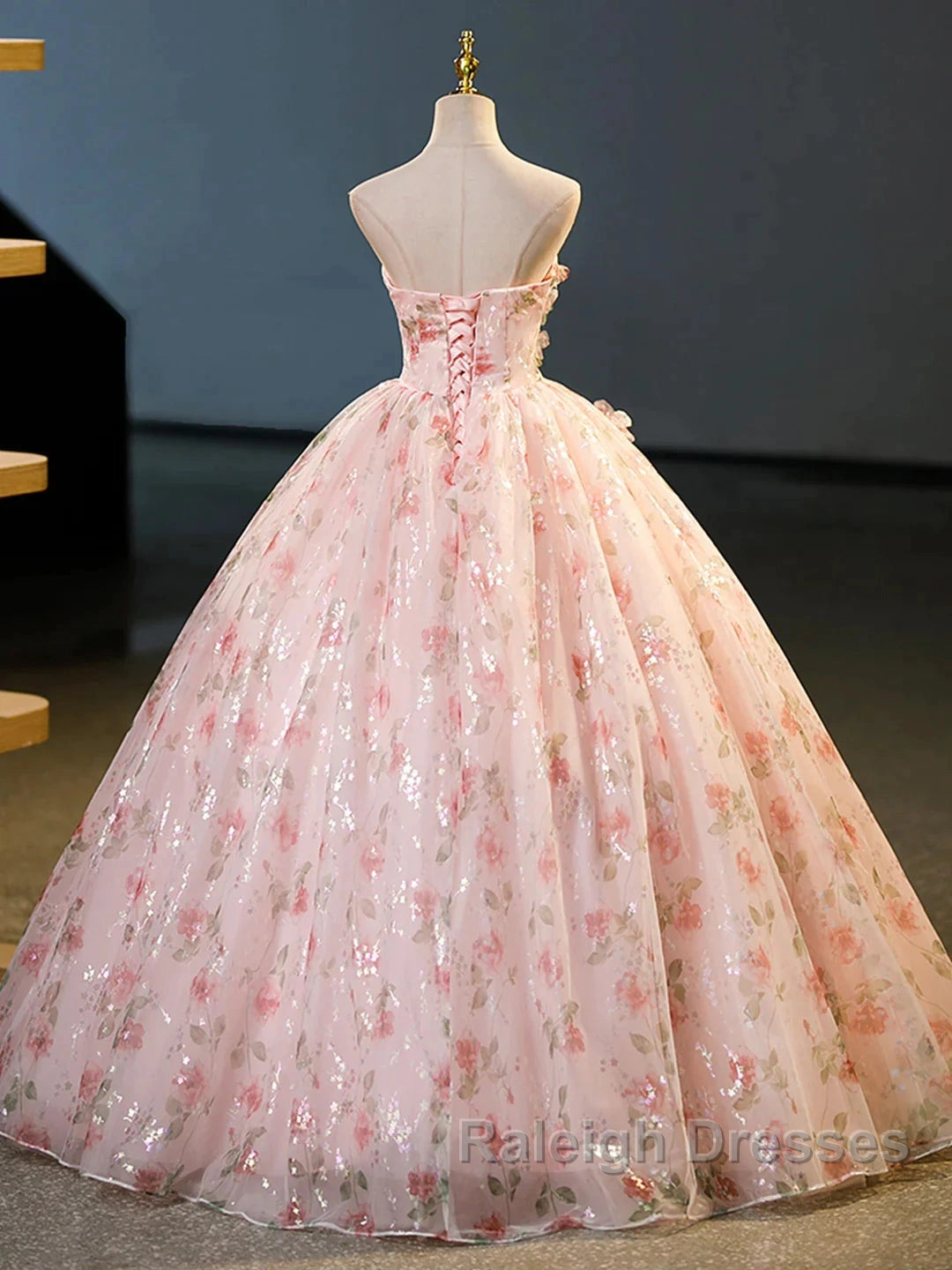 Sweet Strapless Tulle Flower Pink Print Prom Dress