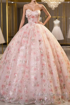 Sweet Strapless Tulle Flower Pink Print Prom Dress