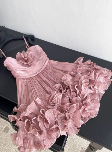 Sweet Suspender Pleated Three-Dimensional Flower Ruffle Pink Birthday Skirt Homecoming Dress