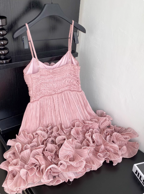 Sweet Suspender Pleated Three-Dimensional Flower Ruffle Pink Birthday Skirt Homecoming Dress