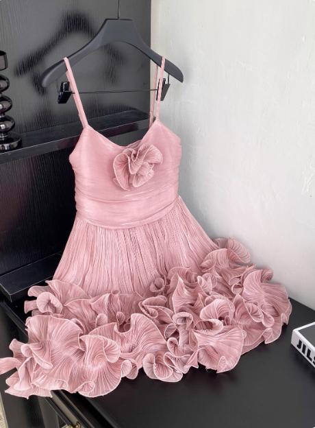 Sweet Suspender Pleated Three-Dimensional Flower Ruffle Pink Birthday Skirt Homecoming Dress