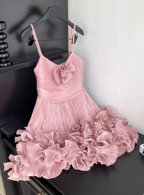 Sweet Suspender Pleated Three-Dimensional Flower Ruffle Pink Birthday Skirt Homecoming Dress Main image