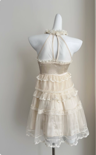 Sweet Three-Dimensional Flower Halter Neck Strap Sleeveless Lace Splicing Mesh Cake Birthday Skirt Homecoming Dress Secondary image