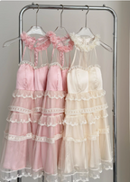 Sweet Three-Dimensional Flower Halter Neck Strap Sleeveless Lace Splicing Mesh Cake Birthday Skirt Homecoming Dress