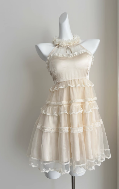 Sweet Three-Dimensional Flower Halter Neck Strap Sleeveless Lace Splicing Mesh Cake Birthday Skirt Homecoming Dress Main image