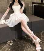 Sweet White Herringbone Tube Top Puff Birthday Dress Homecoming Dress