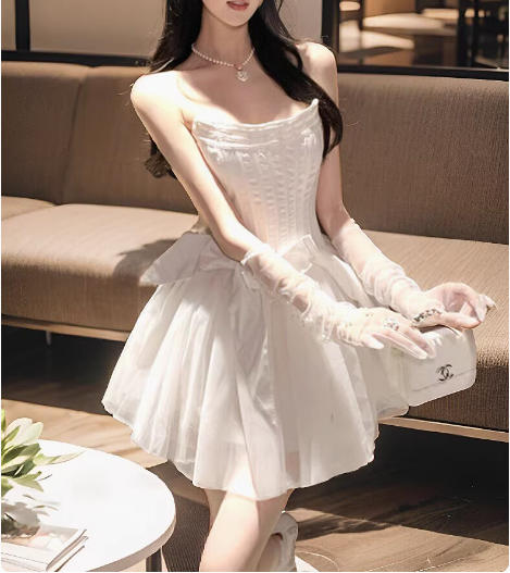 Sweet White Herringbone Tube Top Puff Birthday Dress Homecoming Dress