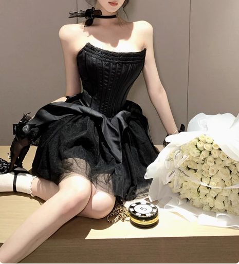 Sweet White Herringbone Tube Top Puff Birthday Dress Homecoming Dress