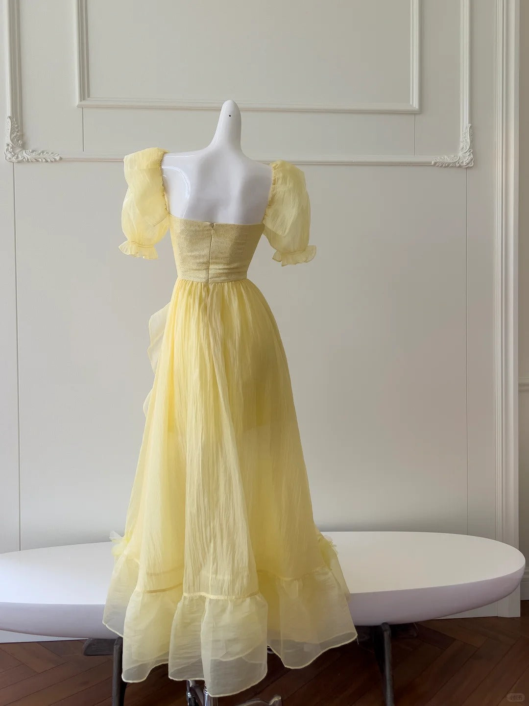 Sweet Yellow A-Line Square Neck Puff Sleeve Lace Tulle Long Formal Prom Dress