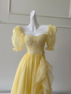 Sweet Yellow A-Line Square Neck Puff Sleeve Lace Tulle Long Formal Prom Dress