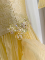 Sweet Yellow A-Line Square Neck Puff Sleeve Lace Tulle Long Formal Prom Dress