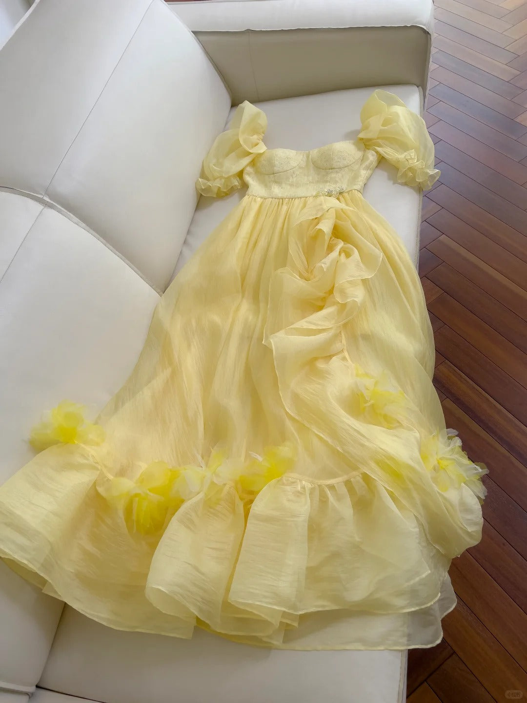 Sweet Yellow A-Line Square Neck Puff Sleeve Lace Tulle Long Formal Prom Dress