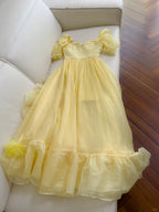 Sweet Yellow A-Line Square Neck Puff Sleeve Lace Tulle Long Formal Prom Dress