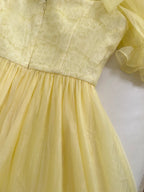 Sweet Yellow A-Line Square Neck Puff Sleeve Lace Tulle Long Formal Prom Dress