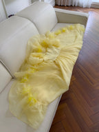 Sweet Yellow A-Line Square Neck Puff Sleeve Lace Tulle Long Formal Prom Dress