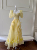 Sweet Yellow A-Line Square Neck Puff Sleeve Lace Tulle Long Formal Prom Dress