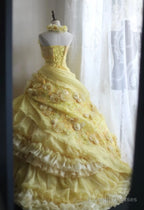 Sweet Yellow A-Line Strapless Organza Wedding Dress With Appliques And Rhinestones Long Ball Gown