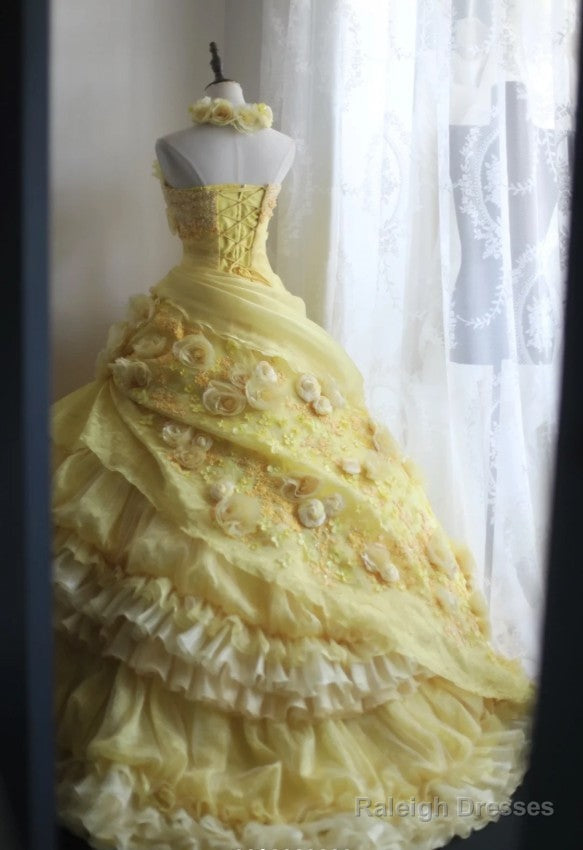 Sweet Yellow A-Line Strapless Organza Wedding Dress With Appliques And Rhinestones Long Ball Gown