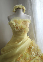 Sweet Yellow A-Line Strapless Organza Wedding Dress With Appliques And Rhinestones Long Ball Gown