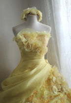 Sweet Yellow A-Line Strapless Organza Wedding Dresses With Appliques And Rhinestones Long Ball Gowns