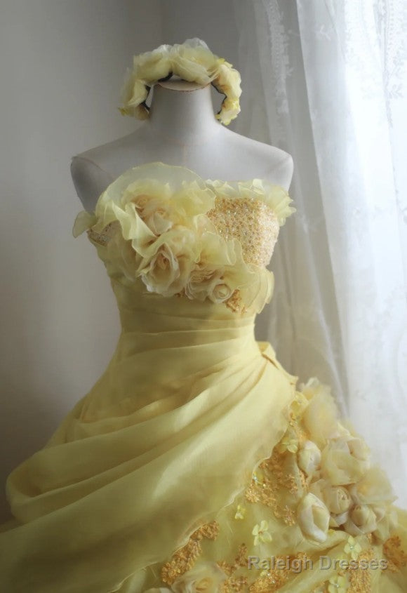 Sweet Yellow A-Line Strapless Organza Wedding Dresses With Appliques And Rhinestones Long Ball Gowns