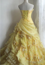 Sweet Yellow A-Line Strapless Organza Wedding Dress With Appliques And Rhinestones Long Ball Gown
