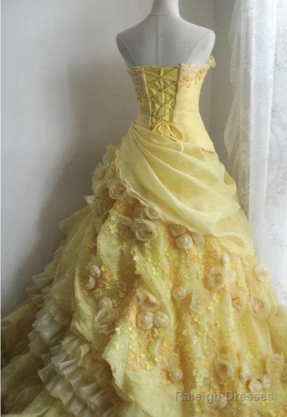 Sweet Yellow A-Line Strapless Organza Wedding Dresses With Appliques And Rhinestones Long Ball Gowns