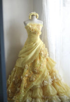 Sweet Yellow A-Line Strapless Organza Wedding Dresses With Appliques And Rhinestones Long Ball Gowns