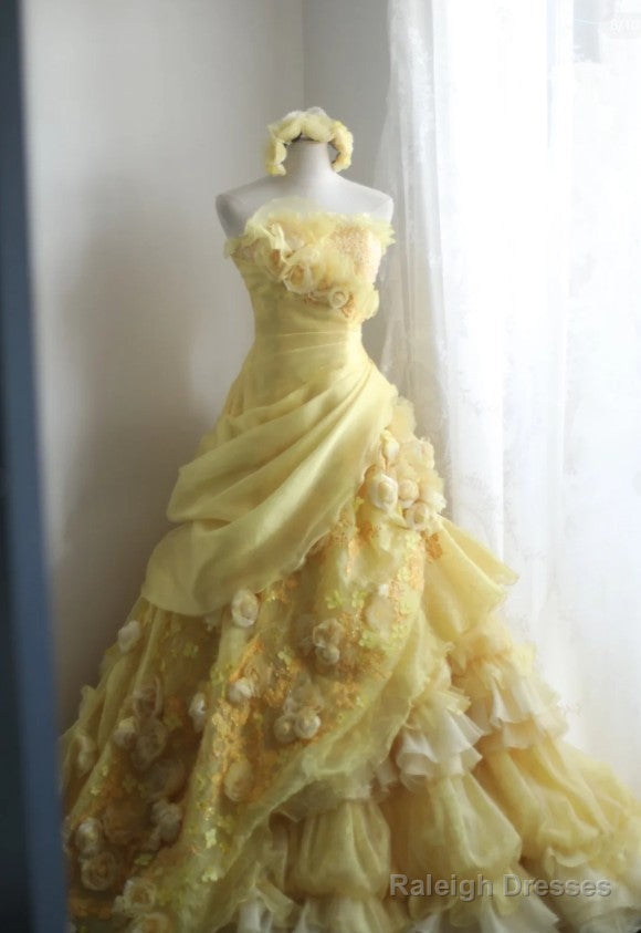 Sweet Yellow A-Line Strapless Organza Wedding Dress With Appliques And Rhinestones Long Ball Gown Main image