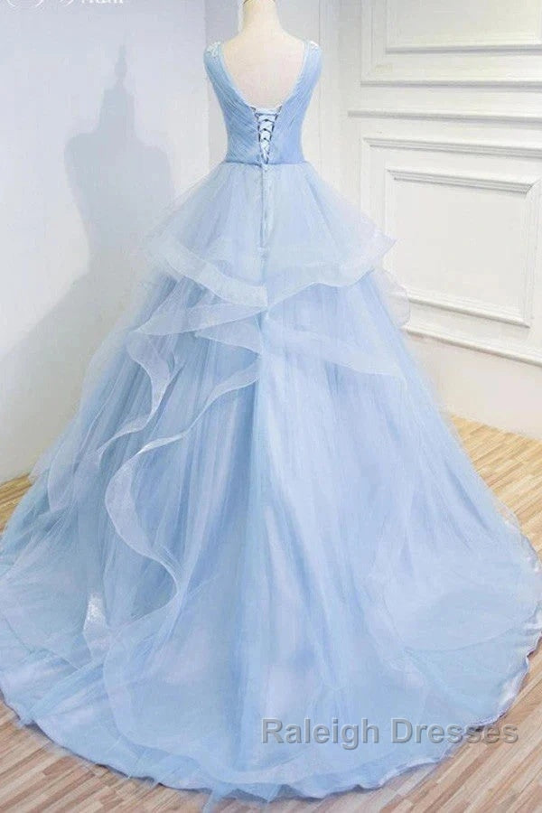Sweetheart Blue Organza Ballgown V Neck Ruffles Appliques Prom Dresses Secondary image