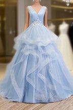 Sweetheart Blue Organza Ballgown V Neck Ruffles Appliques Prom Dresses Beautiful