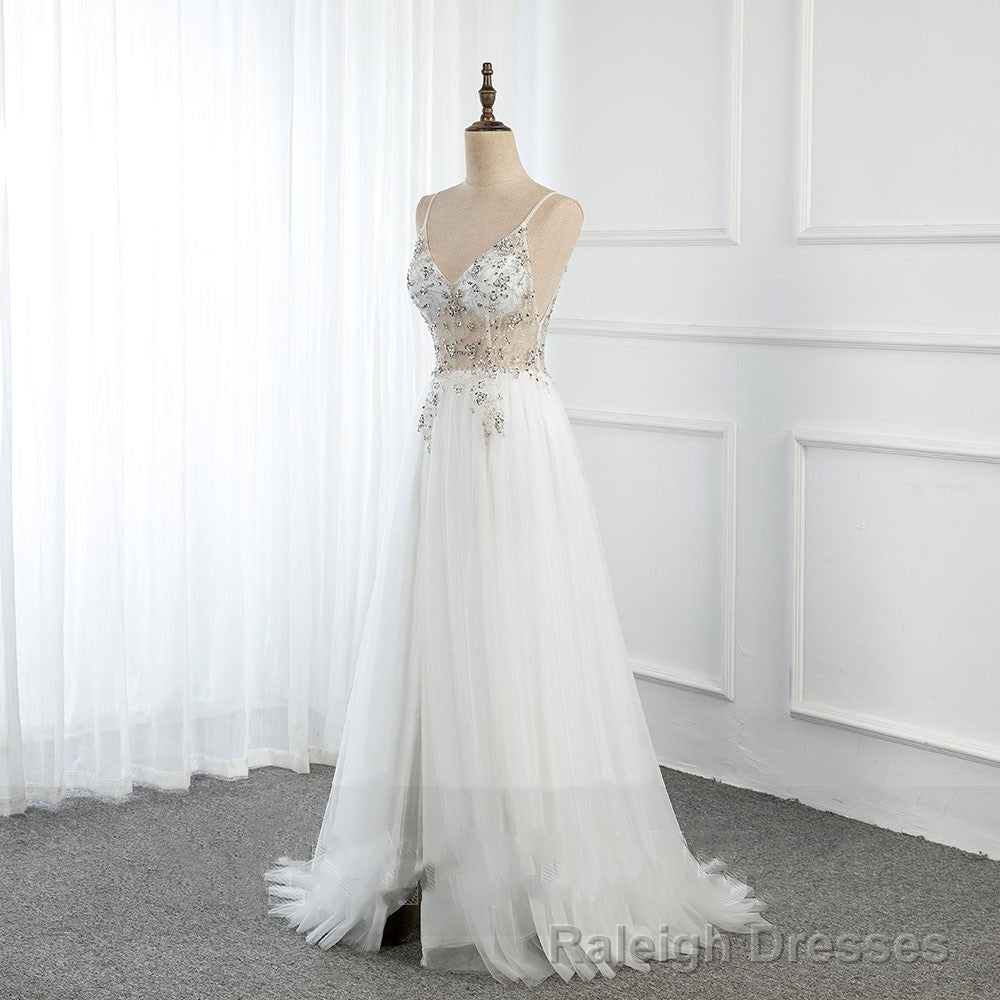 Sweetheart Crystal Prom Dresses Straps Spaghetti Tulle Evening Gown Split Side