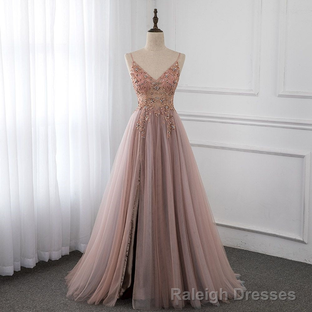 Sweetheart Crystal Prom Dresses Straps Spaghetti Tulle Evening Gown Split Side