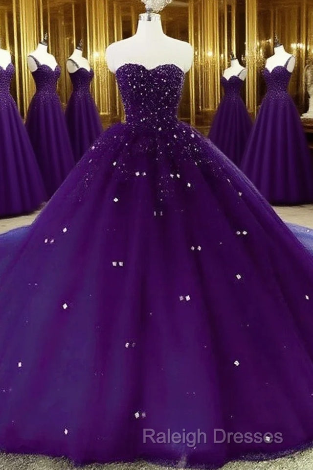 Sweetheart Crystals Prom Dresses Ball Gown Beaded Purple Quinceanera Dresses Main image