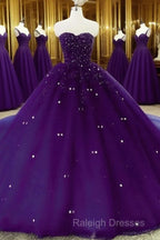 Sweetheart Crystals Prom Dresses Ball Gown Beaded Purple Quinceanera Dresses