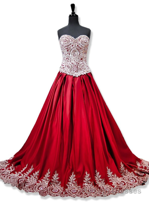 Sweetheart Gold Lace Appliques Ball Gowns Red Prom Dress