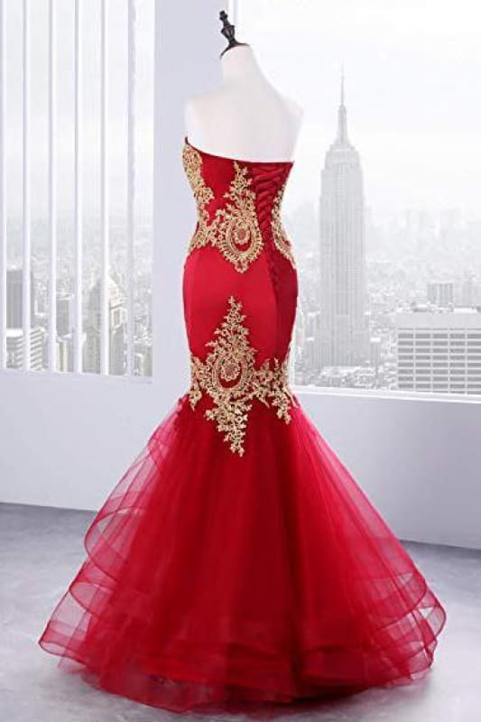 Sweetheart Mermaid Red Formal Prom Dress Gold Appliqued Long Prom Dress Secondary image