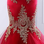 Sweetheart Mermaid Red Formal Prom Dress Gold Appliqued Long Prom Dress