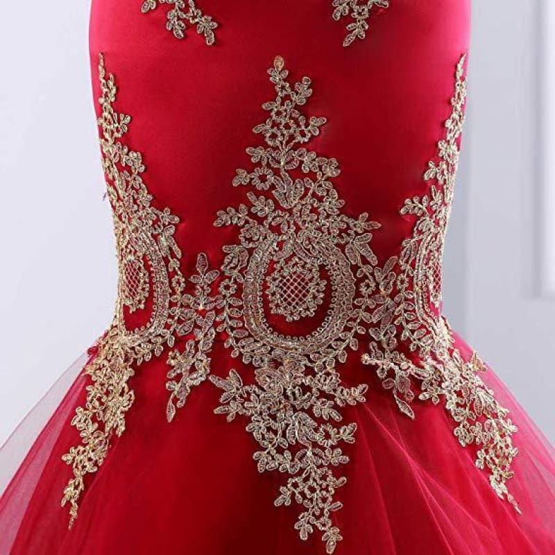 Sweetheart Mermaid Red Formal Prom Dress Gold Appliqued Long Prom Dress