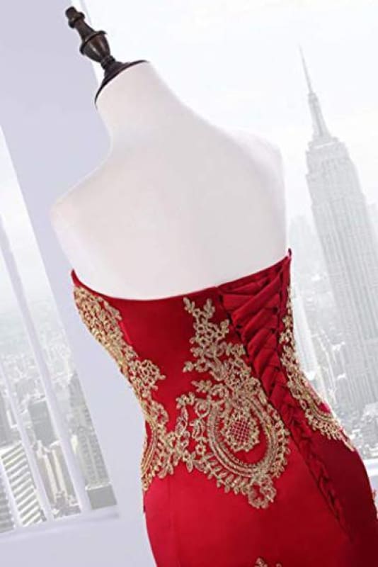 Sweetheart Mermaid Red Formal Prom Dress Gold Appliqued Long Prom Dress
