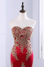 Sweetheart Mermaid Red Formal Prom Dress Gold Appliqued Long Prom Dress