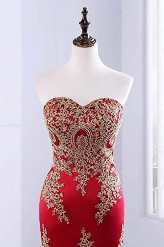 Sweetheart Mermaid Red Formal Prom Dress Gold Appliqued Long Prom Dress