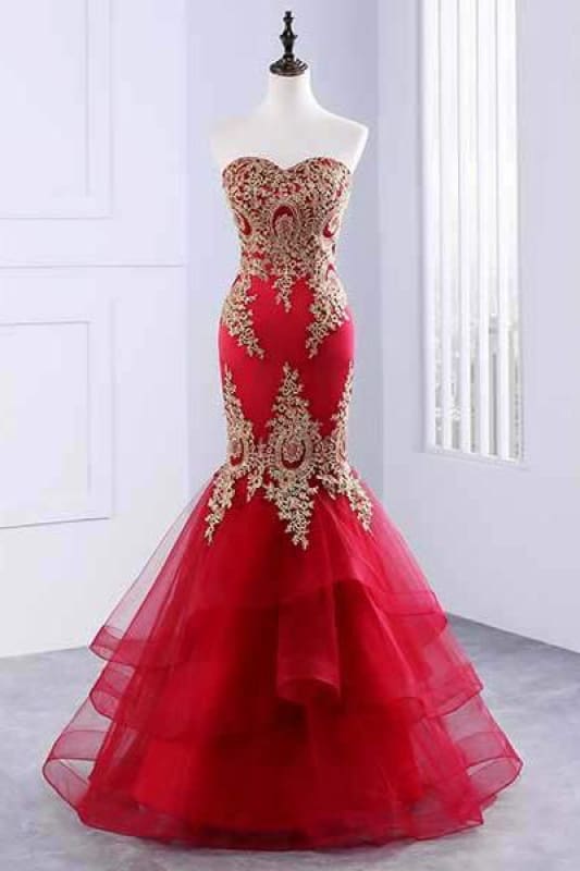 Sweetheart Mermaid Red Formal Prom Dress Gold Appliqued Long Prom Dress Main image