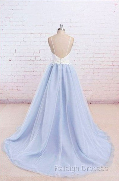 Sweetheart Neck Backless Blue And White Sweep Train Lace Prom Dresseses Secondary image