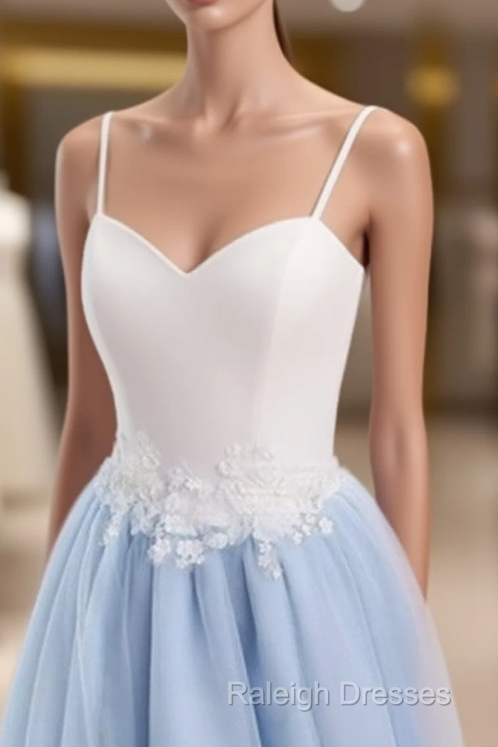 Sweetheart Neck Backless Blue And White Sweep Train Lace Prom Dress, Formal Dress