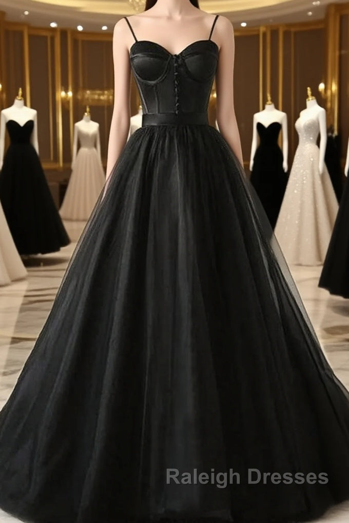 Sweetheart Neck Black Tulle Long Prom Dress, Thin Straps Black Formal Evening Dress, Black Ball Gown