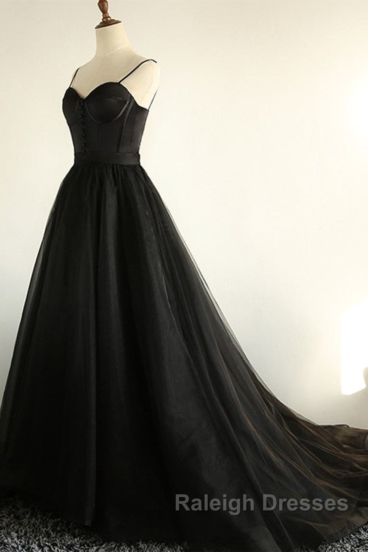 Sweetheart Neck Black Tulle Long Prom Dress, Thin Straps Black Formal Evening Dress, Black Ball Gown Secondary image