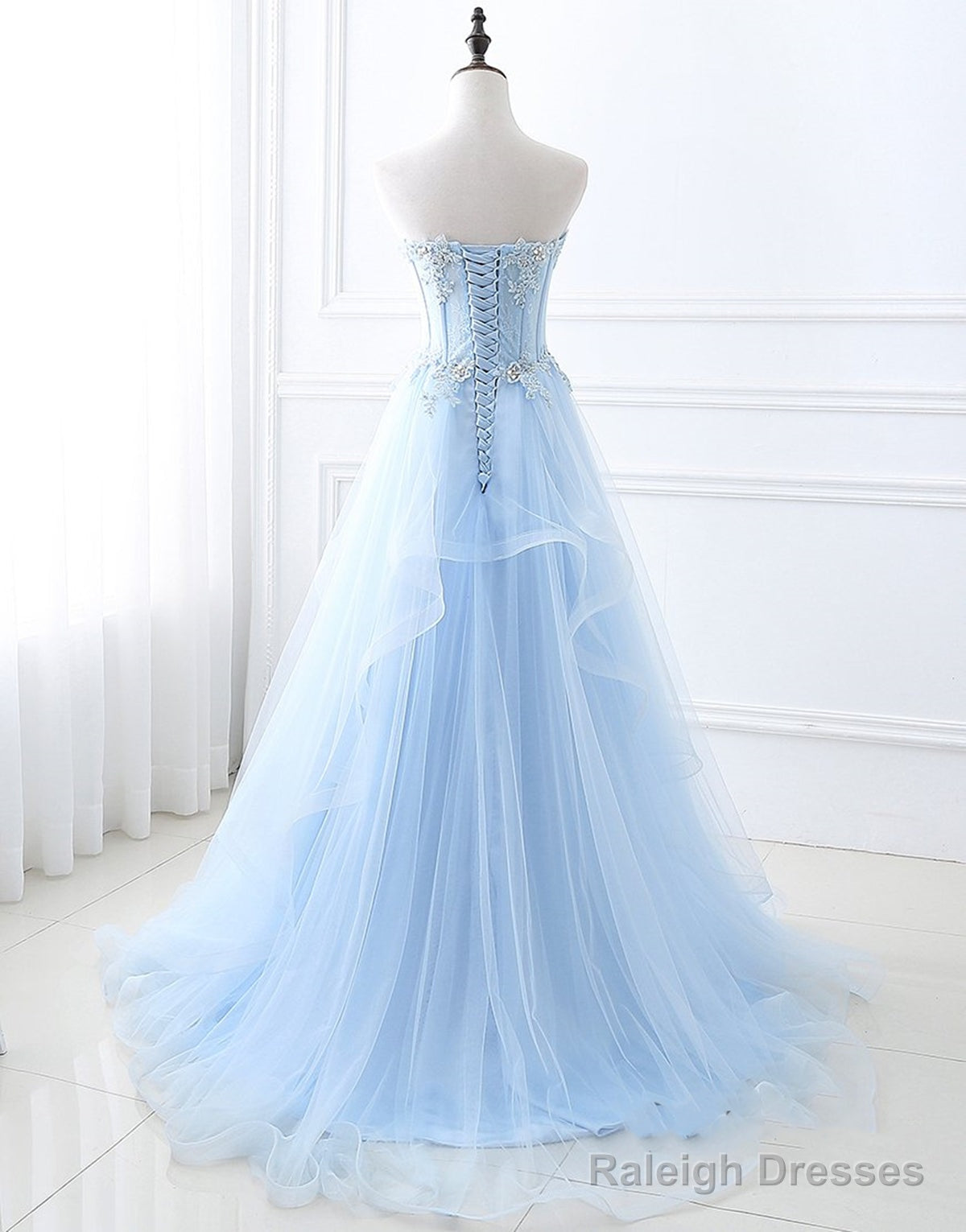 Sweetheart Neck Blue Lace Prom Dresses, Light Blue Lace Formal Evening Dresses Secondary image