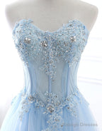 Sweetheart Neck Blue Lace Prom Dresses, Light Blue Lace Formal Evening Dresses